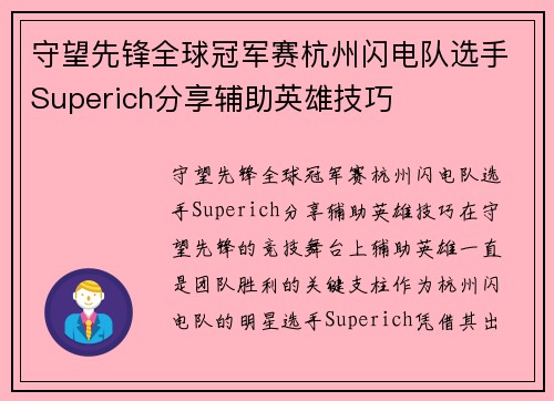 守望先锋全球冠军赛杭州闪电队选手Superich分享辅助英雄技巧