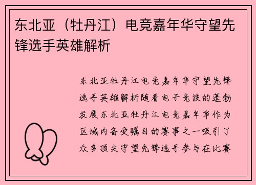 东北亚（牡丹江）电竞嘉年华守望先锋选手英雄解析